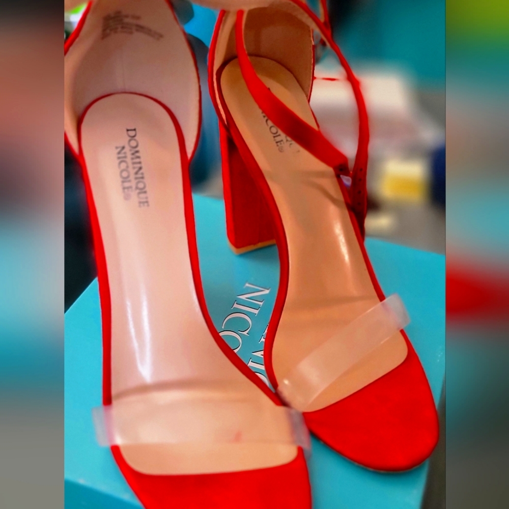 Red open toe 4in block heel